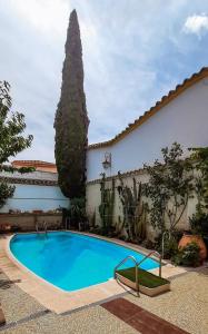 a swimming pool in front of a building with a tree at La Casa del Obispo in Almagro