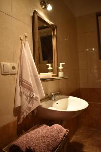 a bathroom with a white sink and a mirror at HIŠA VILMOŠ / HOUSE VILMOŠ in Prosenjakovci