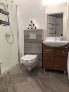 y baño con aseo, lavabo y ducha. en Apartament Noniewicza 95, en Suwałki