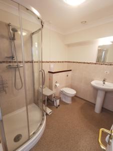 a bathroom with a shower, toilet and sink at The Grove Hotel in Bournemouth