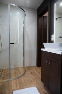 a bathroom with a glass shower and a sink at Apartamenty Szalaya 29 in Szczawnica +14 photos