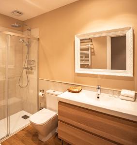 een badkamer met een toilet, een wastafel en een douche bij PassiveRooms in Vilanova i la Geltrú
