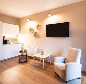 a living room with a chair and a tv on a wall at PassiveRooms in Vilanova i la Geltrú