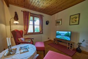 a living room with a television and a table at Ewinger Lodge in Bad Goisern