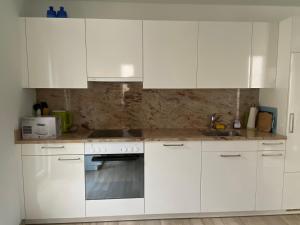 una cocina blanca con armarios blancos y fregadero en Rustico San Giorgio: Losone, en Losone