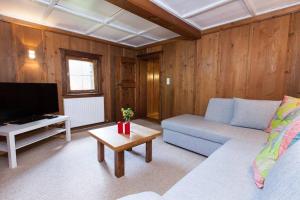uma sala de estar com um sofá e uma televisão em Ski- und Sommer-Chalet für 10 Personen in Dienten am Hochkönig em Dienten am Hochkönig
