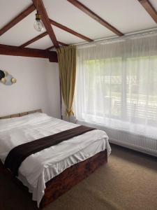 - une chambre avec un grand lit et une fenêtre dans l'établissement La Butuci, à Tîrgu Ocna