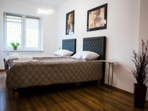 a bedroom with a large bed with two pillows at Apartamenty MARINA in Ostróda