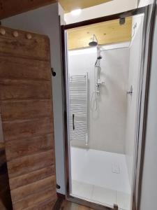 W łazience znajduje się prysznic ze szklanymi drzwiami. w obiekcie B&B FANCHETTI 1938 w mieście Sondrio