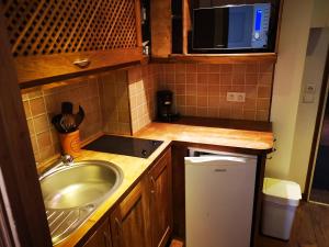 a small kitchen with a sink and a microwave at Studio 4pax Val Claret centre, skis aux pieds in Tignes