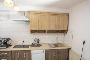 eine Küche mit Holzschränken und einer Spüle in der Unterkunft ENKLAWA NAD KWISĄ [APARTAMENT 1] in Świeradów-Zdrój