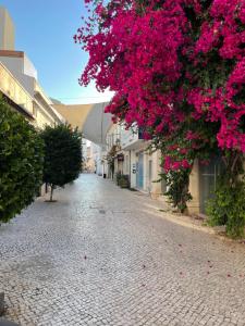 una calle adoquinada con flores rosas colgando de un árbol en Janelas Verdes 37, en Faro