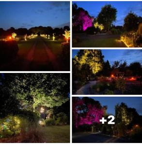 four pictures of a street at night with trees and lights at Erlebnis-Ferienhof Reekenfeld in Barßel