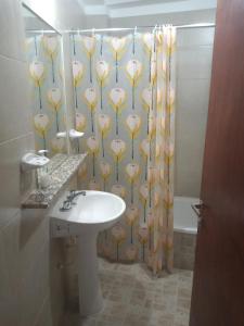 a bathroom with a sink and a shower curtain with flowers at Brisas del Parque II in Salta