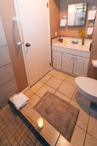 a bathroom with a shower and a toilet and a sink at Sandpiper 120B in Princeville