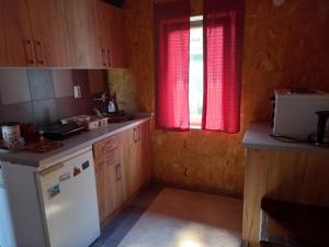 uma cozinha com um frigorífico branco e uma janela em Vila Suza em Jezdići