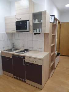 Il comprend une petite cuisine équipée d'un évier et d'un four micro-ondes. dans l'établissement RAILWAY STATION CITY MODERN APARTMENT, à Maribor