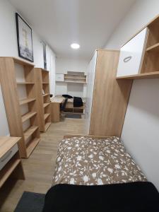 Zimmer mit einem Bett und Holzregalen in der Unterkunft RAILWAY STATION CITY MODERN APARTMENT in Maribor