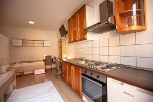 a kitchen with wooden cabinets and a stove top oven at MARIBOR CITY CENTER MINIDORM APARTMENT in Maribor +10 photos
