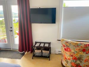 a living room with a couch and a flat screen tv at The Rooms at Woody Point in Bonne Bay