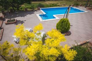a swimming pool with yellow flowers in a yard at Apartments in Rab/Insel Rab 16117 in Mundanije