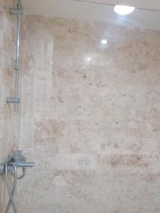 un bagno con doccia e pareti in pietra. di Room in Guest room - Mono-local apartment type private garden Boca Chica resort a Boca Chica