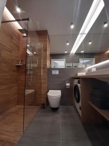 łazienka z toaletą i przeszklonym prysznicem w obiekcie Apartamenty Marzeń w Grzybowie