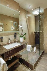 a bathroom with a sink and a glass shower at TIPTOP Hotel Burgschmiet Garni in Nürnberg