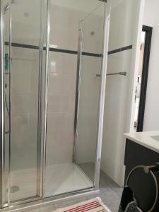 a shower with a glass door in a bathroom at LODGE EXTERIEUR 2 PERSONNES (possibilité toile de tente en plus pour efants avec futon) in Saint-Aubin-sur-Gaillon