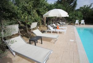 - un groupe de chaises et un parasol à côté de la piscine dans l'établissement Abruzzo - Teramo tra Mare e Monti con piscina, à Teramo