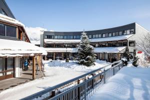 een campus bedekt met sneeuw voor een gebouw bij Aparthotel Schindlhaus und Koia Premium Apartments in Söll