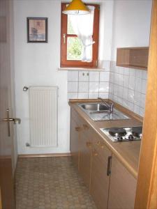 een kleine keuken met een wastafel en een raam bij Pension Schneider, Ferienwohnung in Bad Gögging