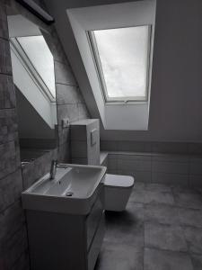 a bathroom with a sink and a toilet and a window at Go2Beskidy apartament ODSAPKA in Sękowa