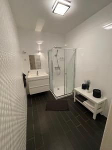 デブレツェンにあるGabica apartmanのバスルーム(シャワー、シンク付)