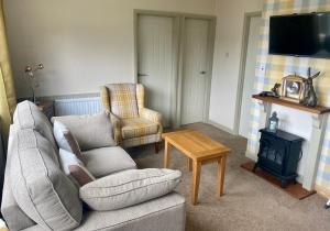 un soggiorno con divano, sedia e piano cottura di Woodlands Hare Chalet, Bideford Bay Holiday Park a Bideford