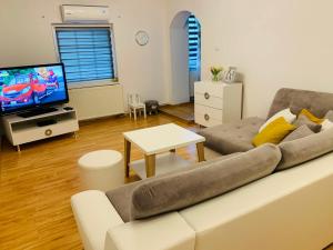 a living room with a couch and a tv at Apartament Rodzinny z ogrodem in Cieszyn