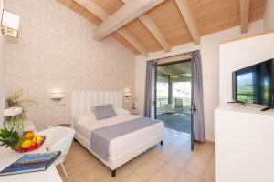 una camera con letto, scrivania e TV di Hotel Acapulco a Forte dei Marmi