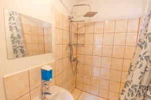 a bathroom with a shower and a toilet at Kamala Kutir in Somogyvámos