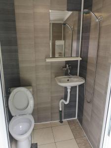 a bathroom with a toilet and a sink at Bungalows St. Nicola in Ahtopol