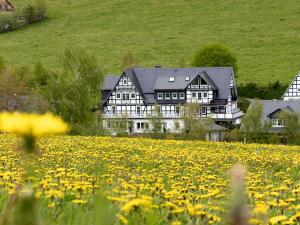 una casa grande en un campo de flores amarillas en Rübenkämpers Ferienwohnungen en Schmallenberg