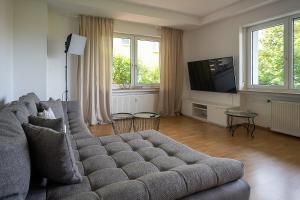 sala de estar con sofá y TV de pantalla plana en Ferienwohnung im Eisenbergweg, en Bad Mergentheim