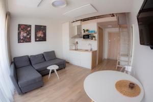 a living room with a couch and a kitchen at Old Mill Apartamentai - Palanga in Palanga
