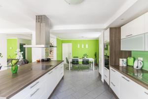 a kitchen with green walls and white cabinets at Pr' Petrču in Tolmin