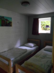 two twin beds in a room with a window at Le Vieux Sart 3 in Stavelot