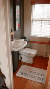 a bathroom with a toilet and a sink and a mirror at River Cottage at Old Post Office in Bardon Mill