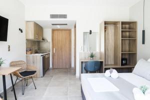 a studio apartment with a kitchen and a living room at Comodo in Nydri