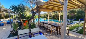 a patio with a table and chairs and a pool at location Villa avec piscine chauffée in Le Castellet