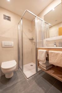 een badkamer met een douche, een toilet en een wastafel bij Haus Markus Strolz in Sankt Anton am Arlberg