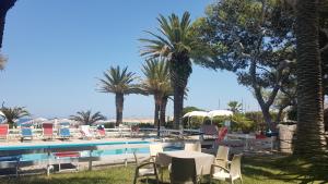 una piscina con sillas, una mesa y palmeras en Hotel Silvi en Silvi Marina