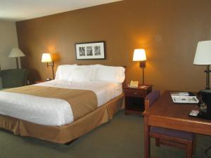 Pokój hotelowy z łóżkiem i biurkiem w obiekcie AmericInn by Wyndham Charlevoix w mieście Charlevoix